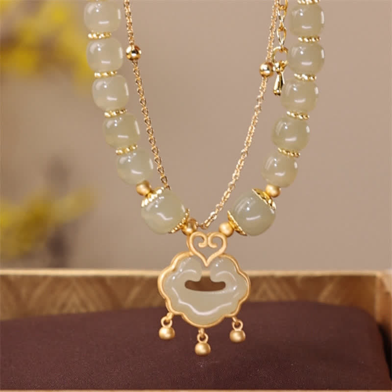 14K Gold Plated Sterling Silver Hetian Jade Longevity Lock & Ritual Bell Chain Bracelet