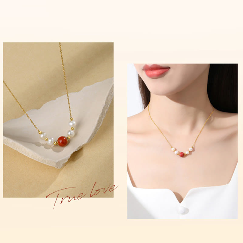 925 Sterling Silver Pearl Cinnabar Sincerity Healing Bead Chain Necklace Pendant