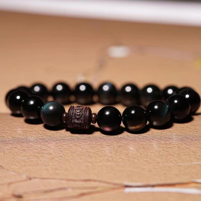 Natural Gold Sheen Obsidian Rainbow Obsidian Om Mani Padme Hum Fu Character Healing Bracelet