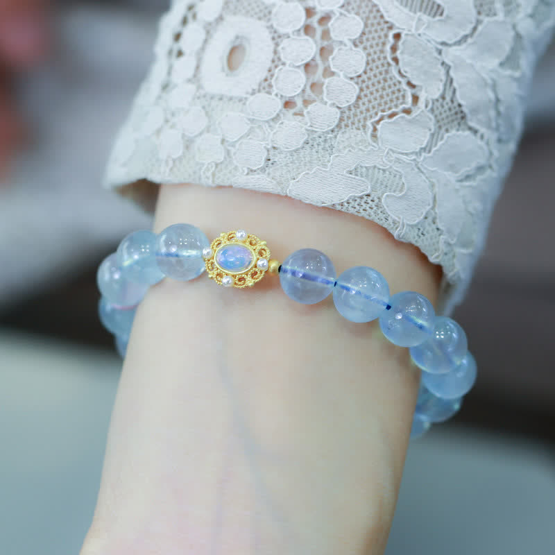 Natural Aquamarine and Red Agate Beaded Bracelet with Sterling Silver, Gold, and Pearl