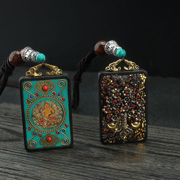 Tibet God Of Wealth Money Tree Golden Phoenix Thangka Ebony Peace Necklace Pendant