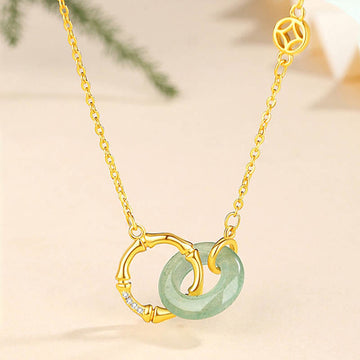 Green Aventurine and Sterling Silver Bamboo Ping An Kou Peace Buckle Pendant Necklace