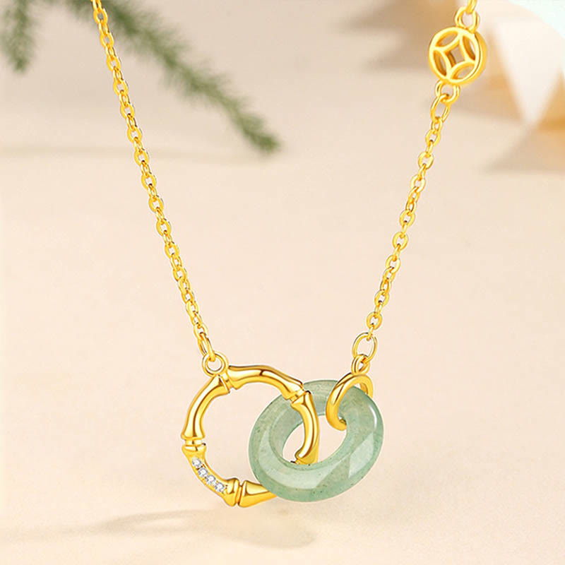 Green Aventurine and Sterling Silver Bamboo Ping An Kou Peace Buckle Pendant Necklace
