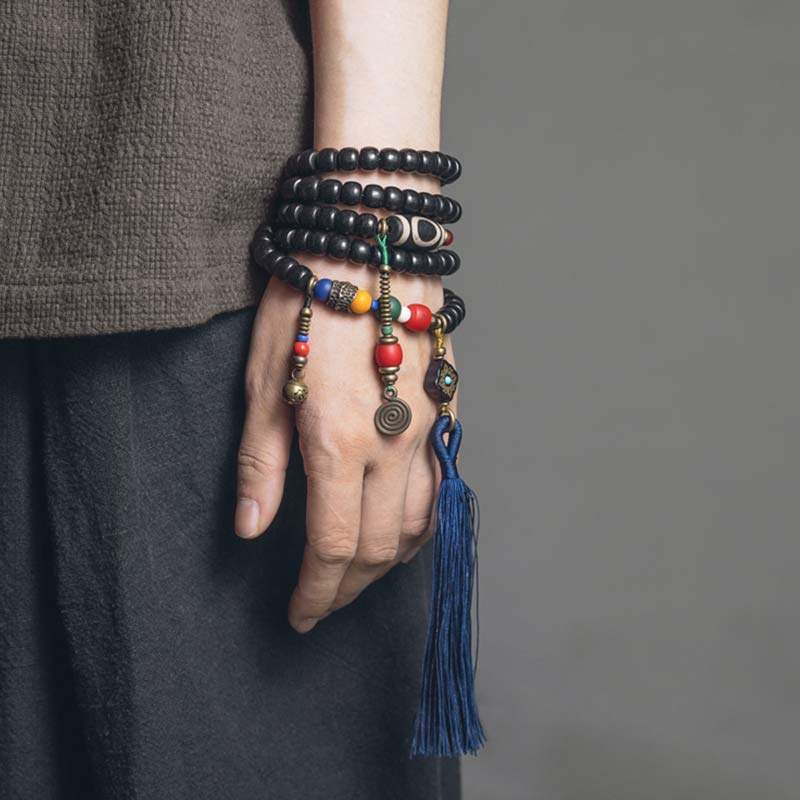 108 Beads Mala Ebony Wood Dzi Bead Copper Balance Tassel Bracelet