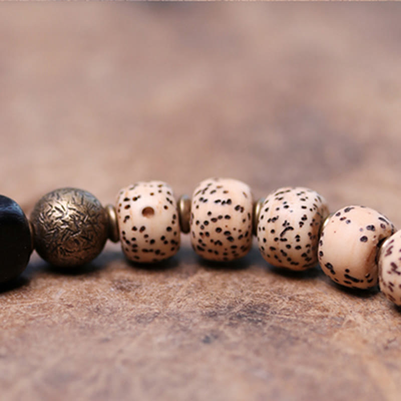 Tibetan Bodhi Seed Black Obsidian Ebony Wood Copper Peace Bracelet