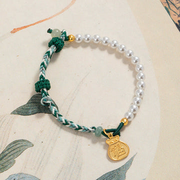 925 Sterling Silver Hetian Jade & Pearl Fu Wealth Bag Adjustable Rope Bracelet