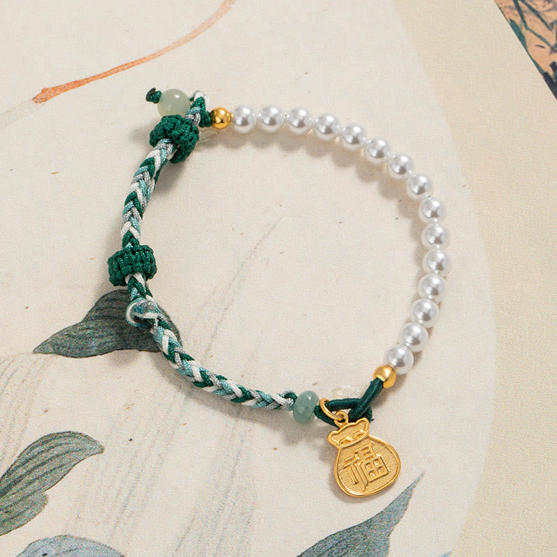 925 Sterling Silver Hetian Jade & Pearl Fu Wealth Bag Adjustable Rope Bracelet