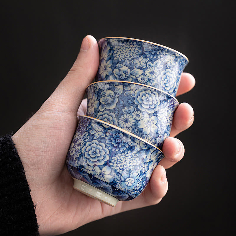 Vintage Lotus Peony Plum Blossom Chrysanthemum Ceramic Teacup Tea Cups