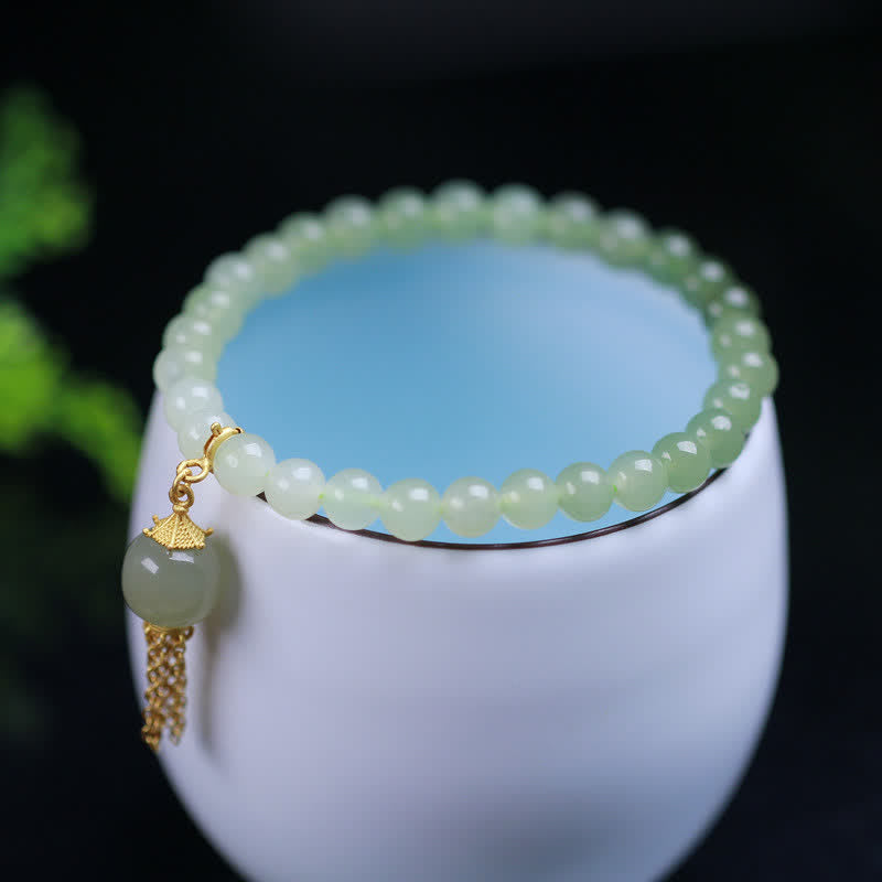 925 Sterling Silver Hetian Jade Beaded Wealth Bag Charm Bracelet