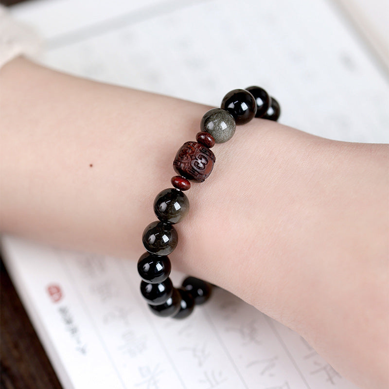 Natural Gold Sheen Obsidian Rainbow Obsidian Om Mani Padme Hum Fu Character Healing Bracelet