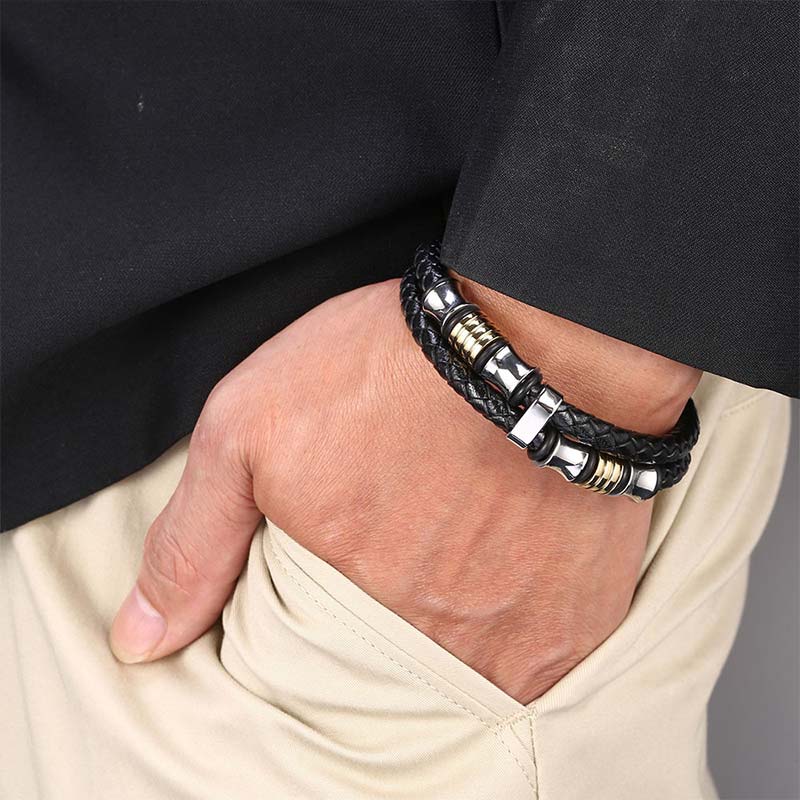Minimalist Layered Braided Leather & Titanium Steel Bracelet