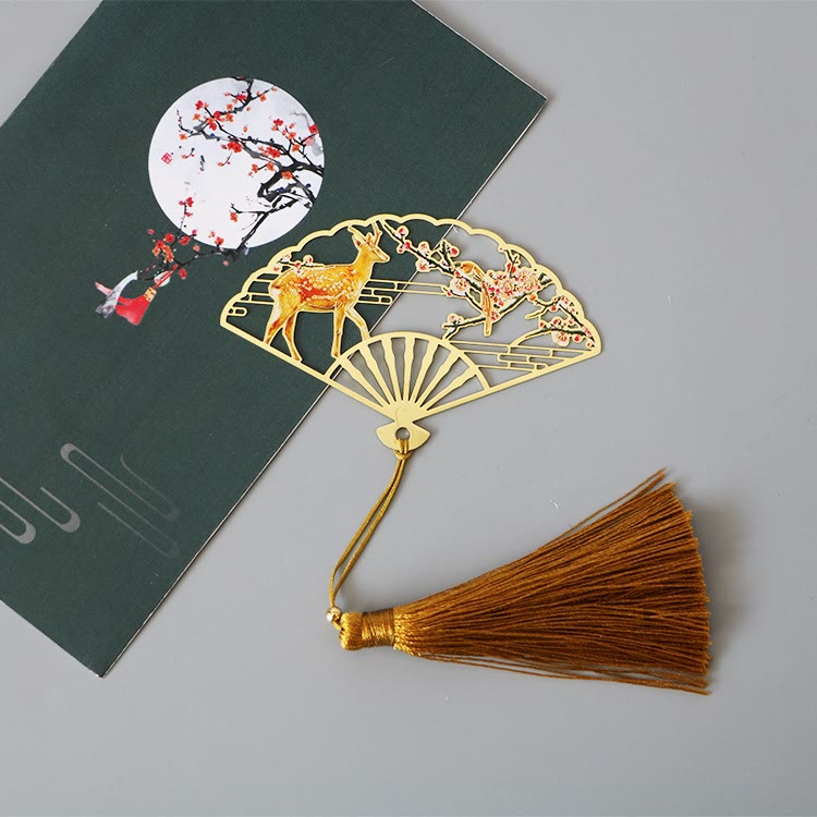 Traditional Butterfly Lotus Flower Crane Dragon Phoenix Fox Koi Fish New Beginning Metal Brass Hollow Fan Bookmarks