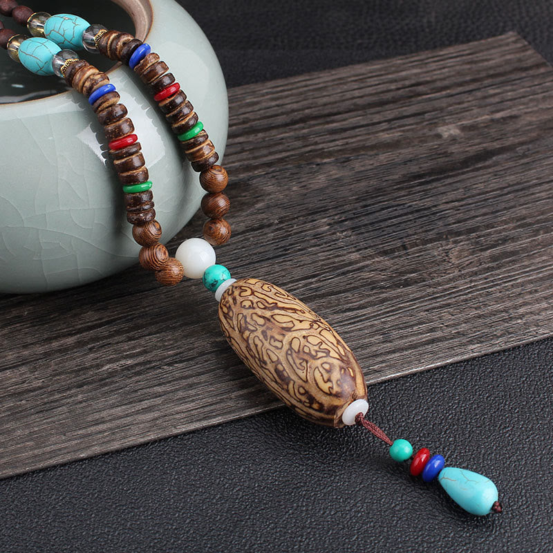 Tibetan Wenge Wood Bodhi Seed Agate Balance Peace Necklace Pendant (Extra 40% Off | USE CODE: FS40)