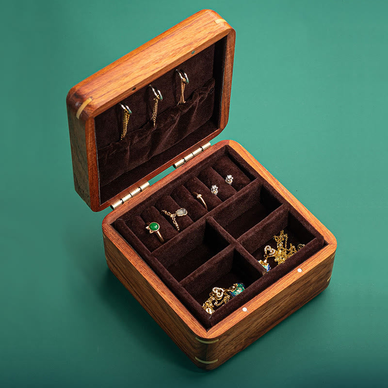 Antique Hand-Carved Rosewood Jewelry Storage Box with Floral Leaf Detail