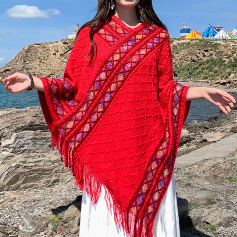 Tactile Knit Geometric Tassel Meditation Shawl Pullover