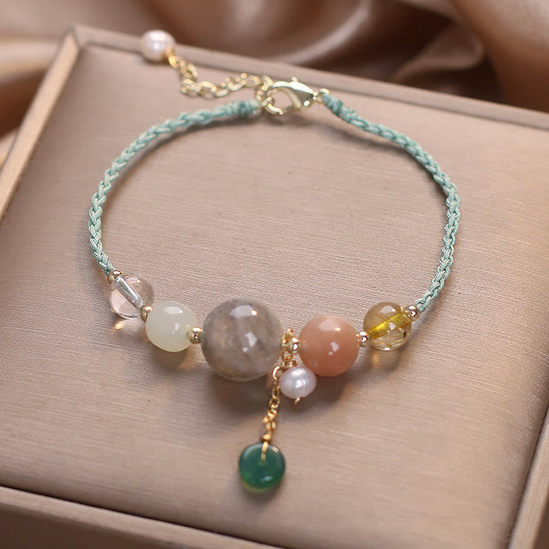 Multi-Gemstone Rope Bracelet with Moonstone, Sunstone, Hetian Jade & Ping An Kou Charm