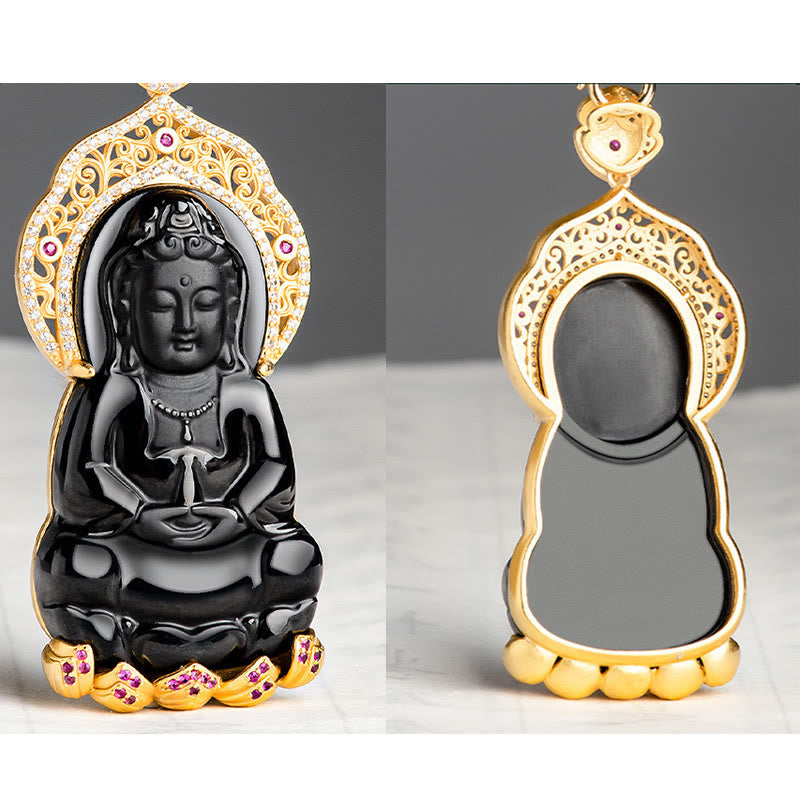 925 Sterling Silver Natural Black Jade Kwan Yin Avalokitesvara Wealth Necklace Pendant