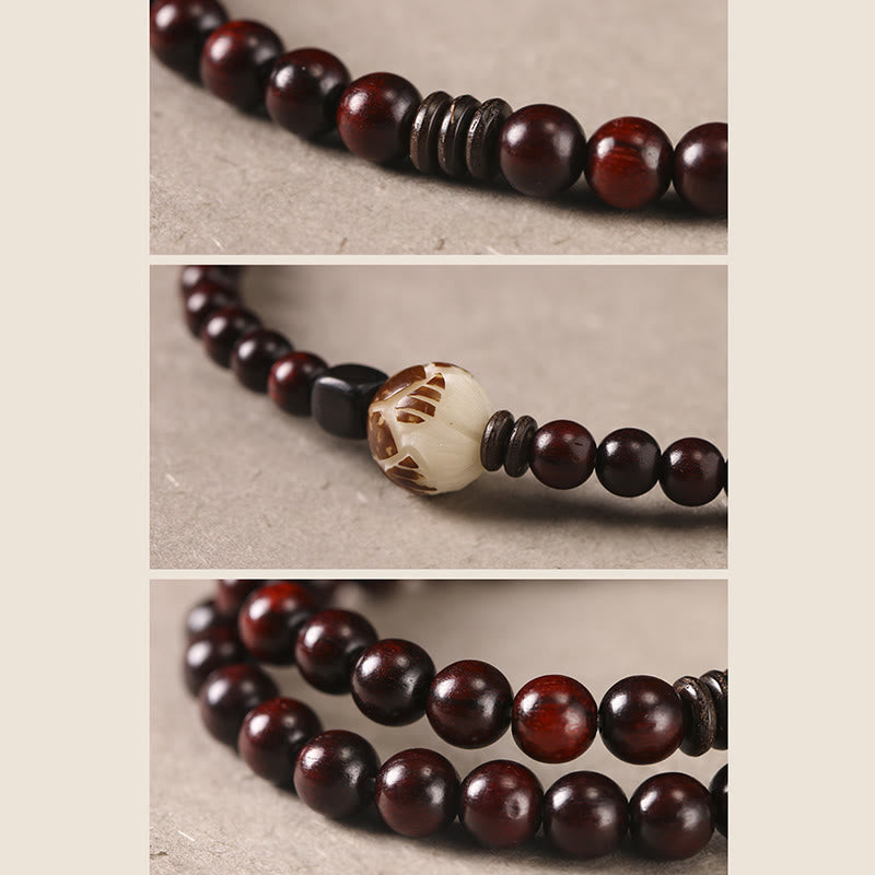 Carved Red Sandalwood and Lotus Bodhi Seed Double Wrap Bracelet