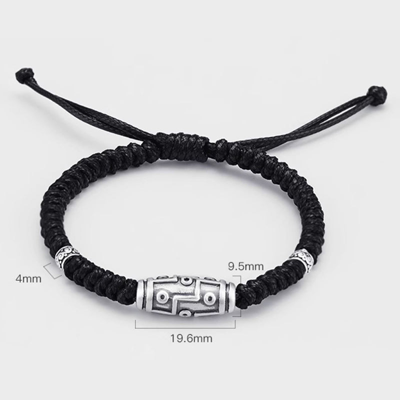 999 Sterling Silver Nine-Eye Dzi Bead Pattern Blessing Rope Bracelet