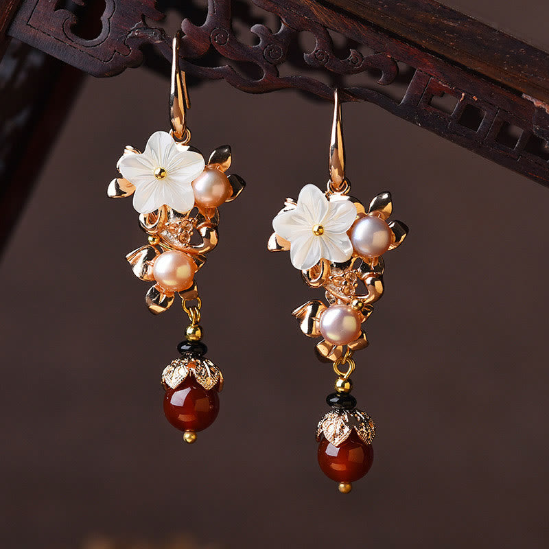 14K Gold Plated Tridacna Flower Pearl and Gemstone Drop Earrings