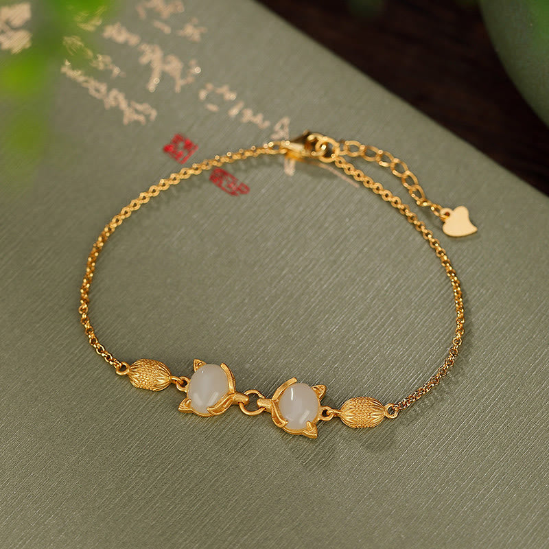925 Sterling Silver Natural Hetian White Jade Cyan Jade Lovely Fox Luck Bracelet