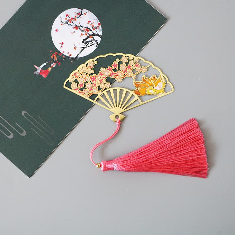 Traditional Butterfly Lotus Flower Crane Dragon Phoenix Fox Koi Fish New Beginning Metal Brass Hollow Fan Bookmarks