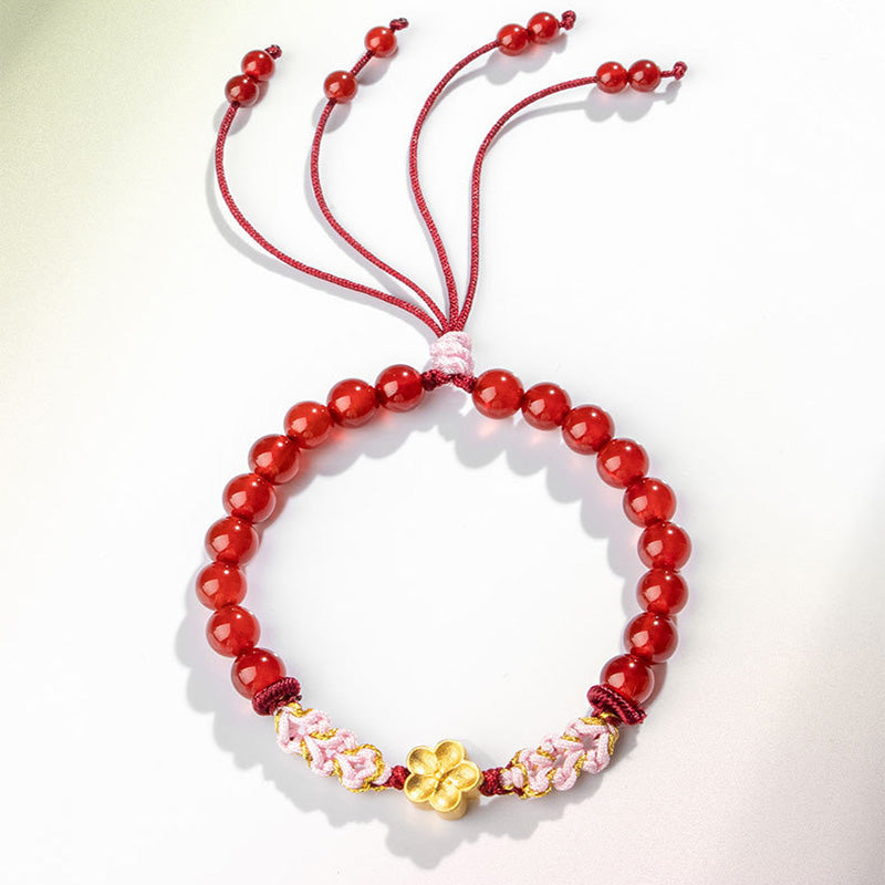 999 Sterling Silver Natural Red Agate Pink Crystal Cherry blossom Bracelet