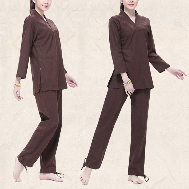 Zen Practice Yoga Meditation Prayer V-neck Design Uniform Cotton Linen Clothing Women's Set