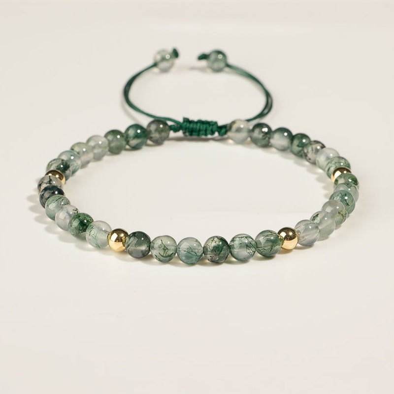 Moss Agate Beaded Bracelet with Copper Golden Accents, Adjustable Fit (14-19cm)
