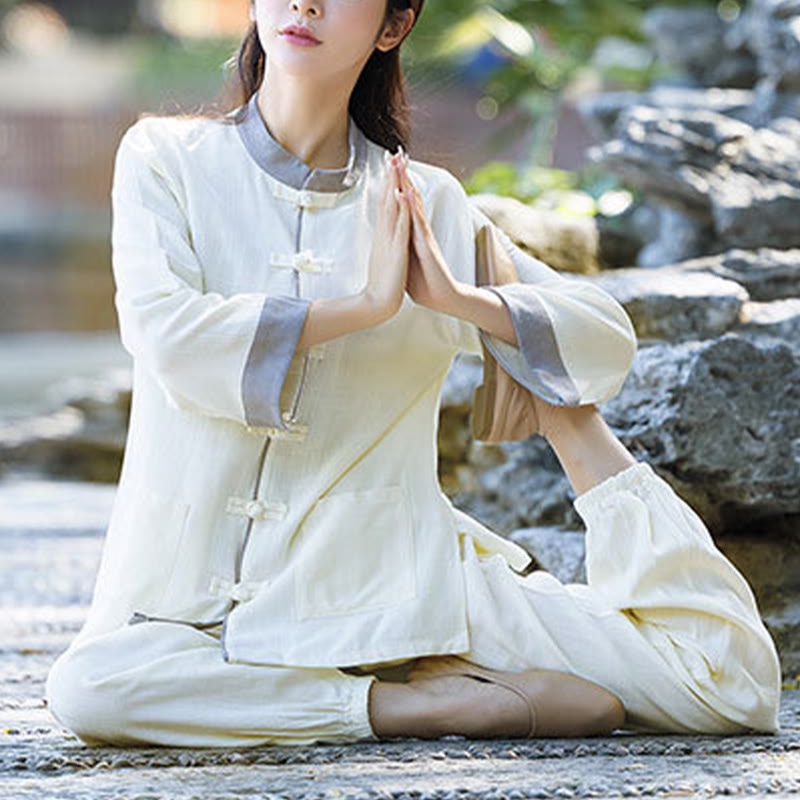 2Pcs Frog-Button Long Sleeve Shirt Top Pants Meditation Zen Tai Chi Cotton Linen Clothing Women's Set