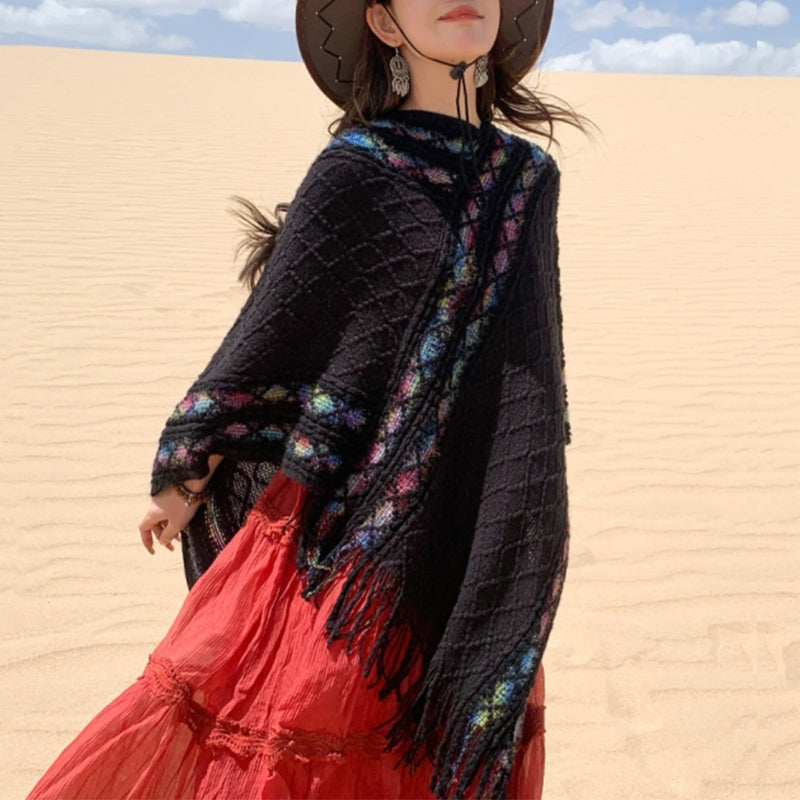 Tactile Knit Geometric Tassel Meditation Shawl Pullover
