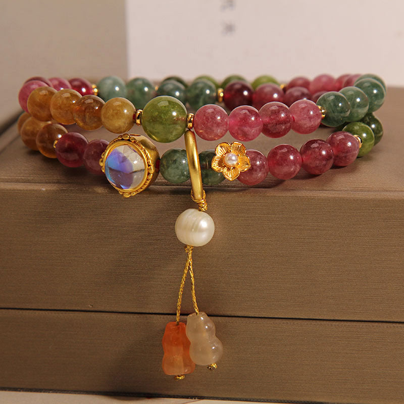 Multicolored Tourmaline Double Wrap Bracelet with Wu Lou Gourd Charm