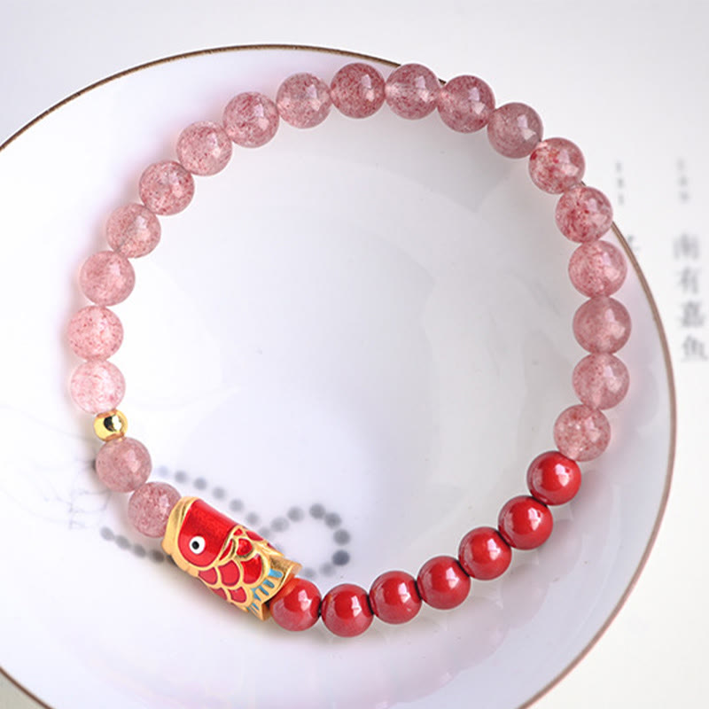 Natural Strawberry Quartz Cinnabar Lucky Koi Fish Healing Bracelet