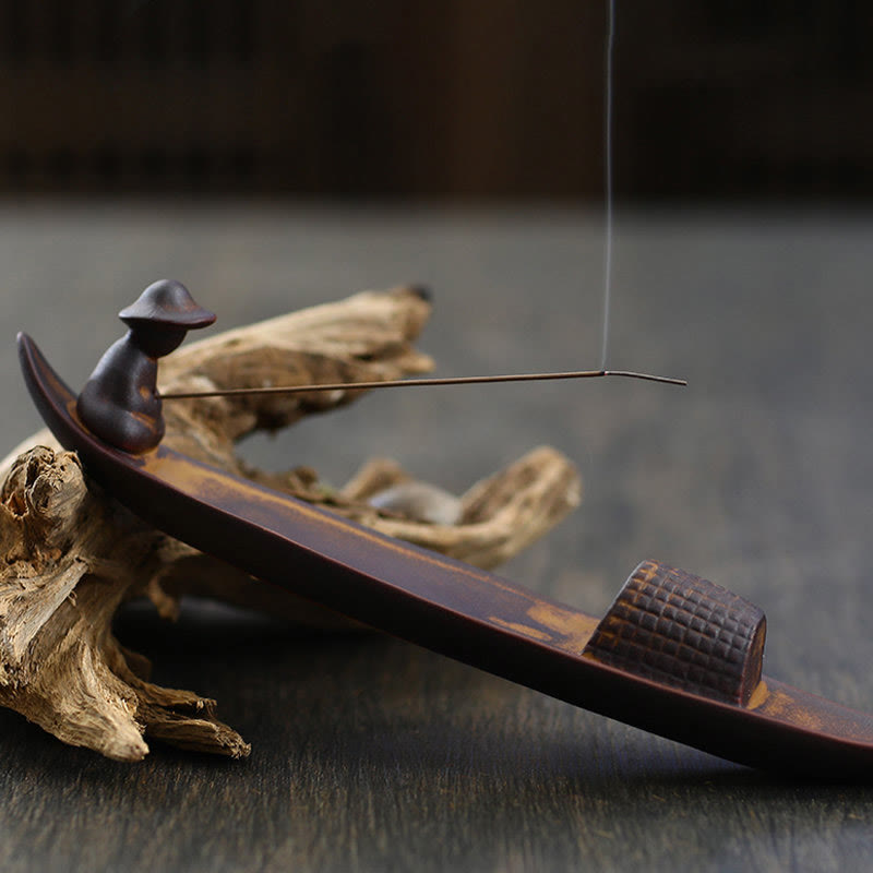 Handcrafted Ceramic Fisherman Zen Scene Healing Incense Burner