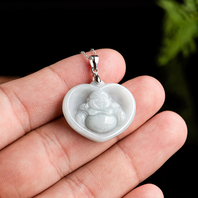 925 Sterling Silver Laughing Buddha White Jade Luck Blessing Necklace Pendant