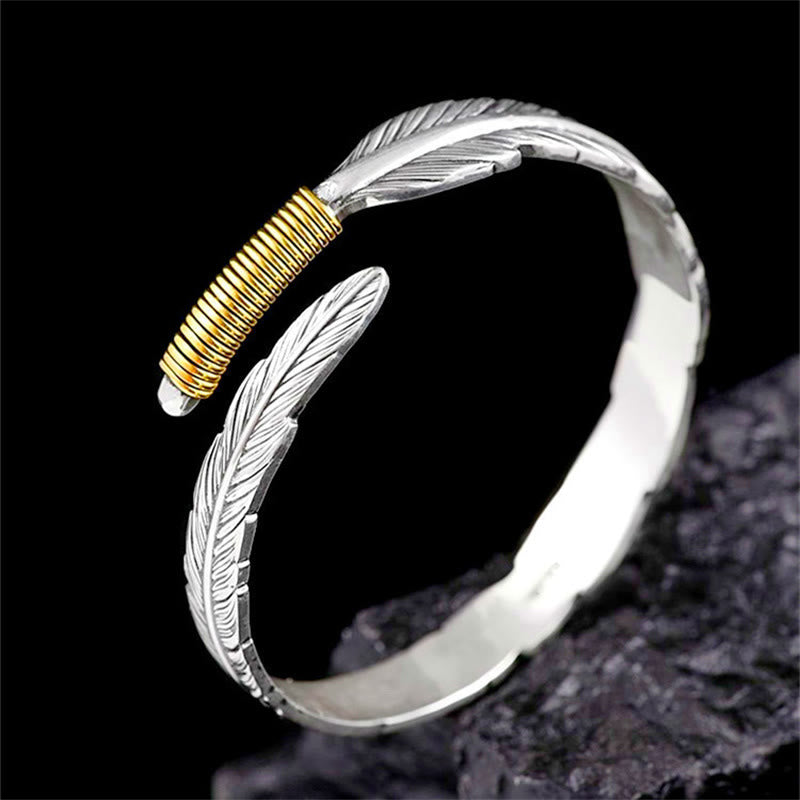 Feather Pattern Engraved Luck Cuff Bracelet Bangle