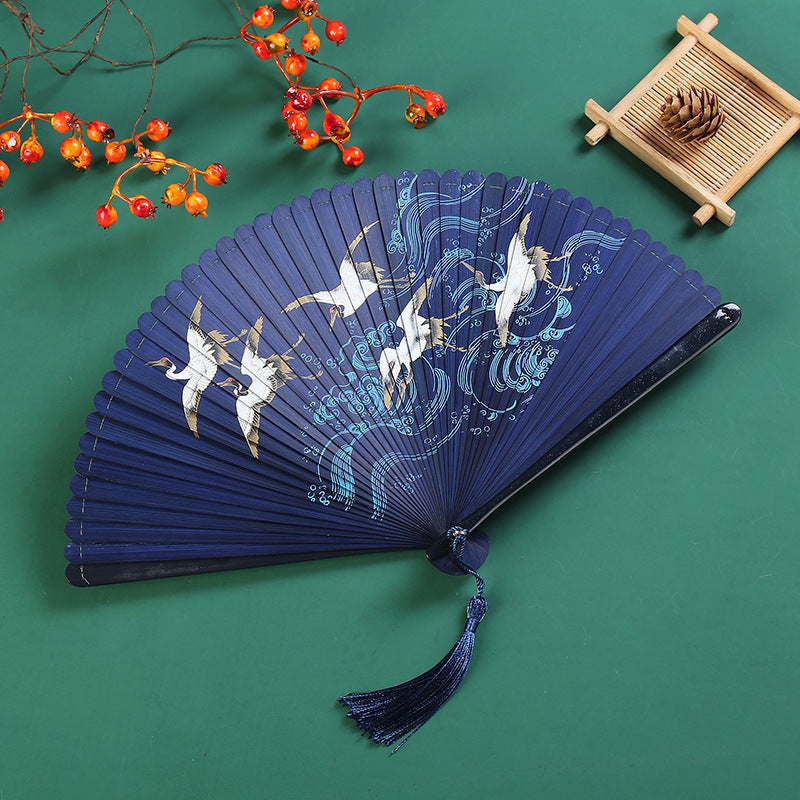Vintage Cloud Crane Maple Leaf Pattern Handheld Bamboo Folding Fan
