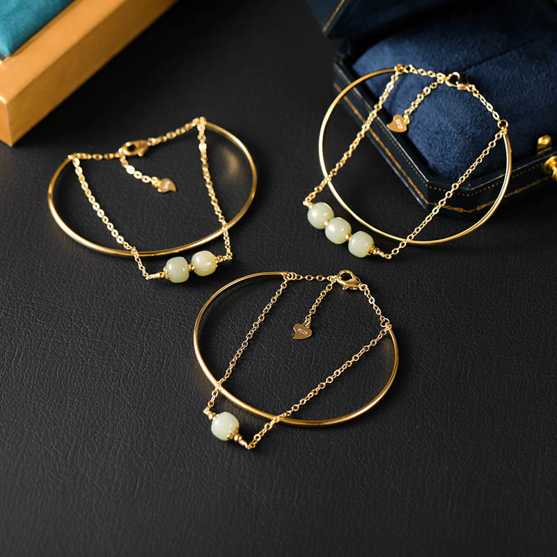 Copper Plated Gold Hetian Jade Bead Luck Double Layer Bracelet Bangle