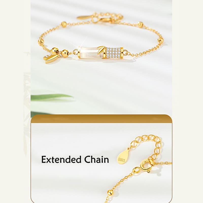 925 Sterling Silver 18K Gold Plated White Jade Bamboo Zircon Leaf Luck Bracelet