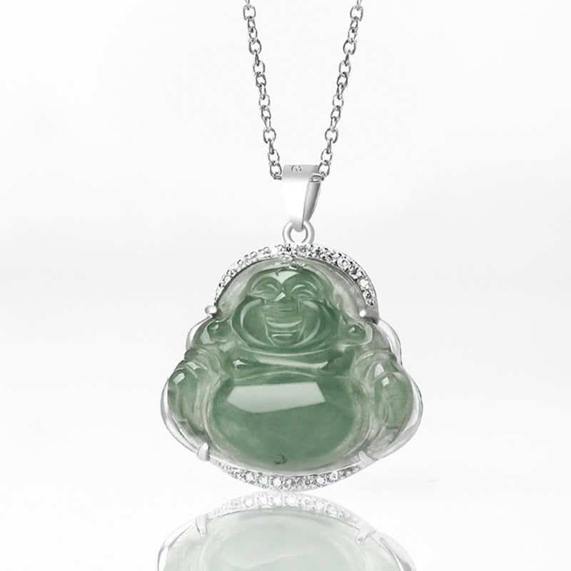 925 Sterling Silver Laughing Buddha Natural Jade Luck Prosperity Necklace Chain Pendant