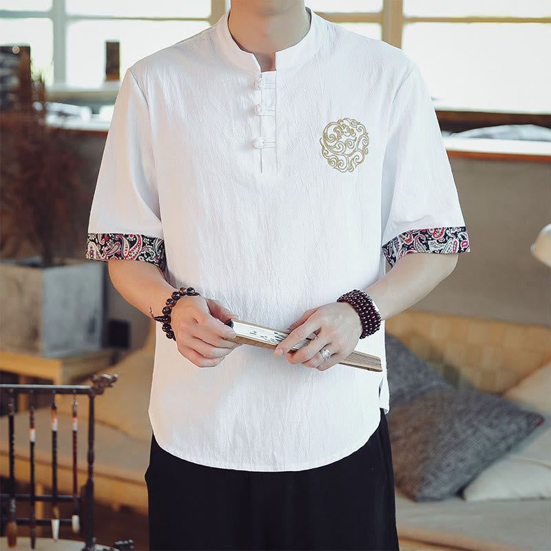Frog-Button Dragon Embroidery Chinese Tang Suit Short Sleeve Shirt Linen Men Clothing