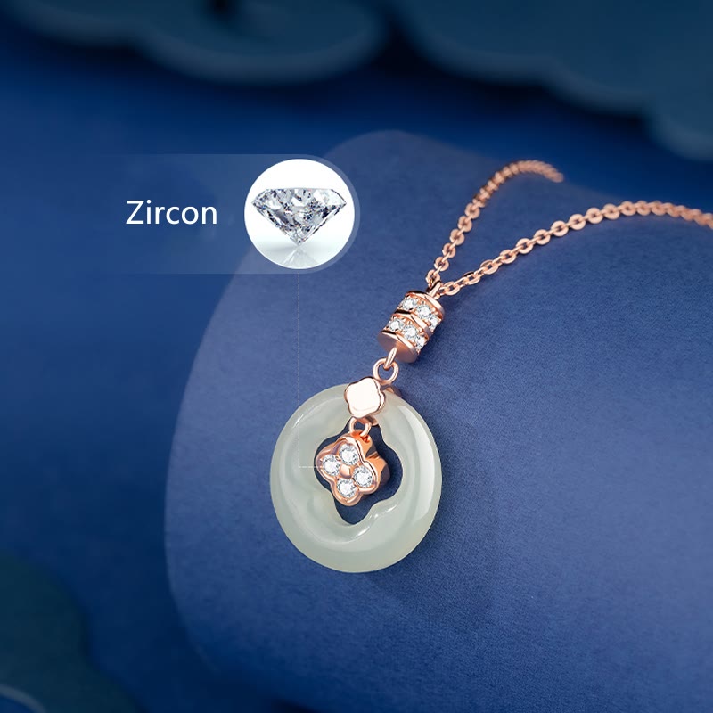 925 Sterling Silver Natural Hetian Jade Lucky Four Leaf Clover Zircon Necklace Pendant With Gift Box