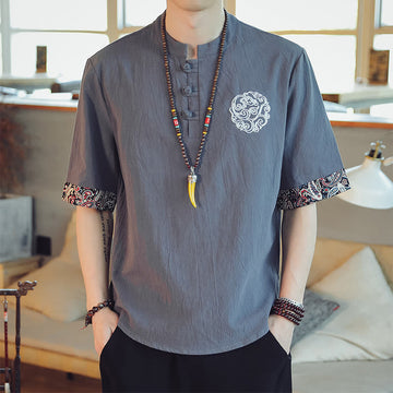 Frog-Button Dragon Embroidery Chinese Tang Suit Short Sleeve Shirt Linen Men Clothing