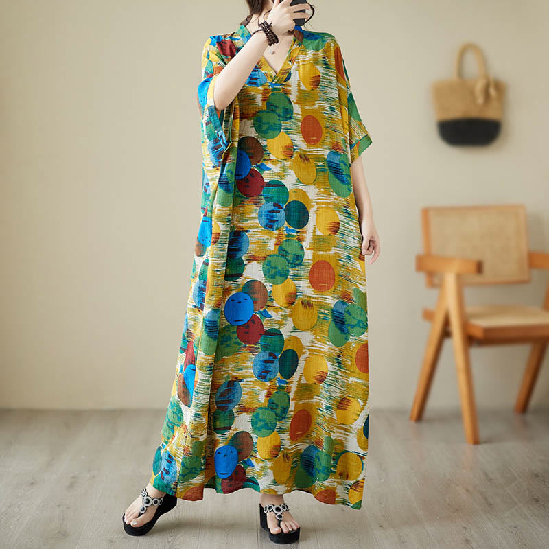 Orange Blue Colorful Polka Dots Midi Dress Cotton Half Sleeve Dress With Pockets
