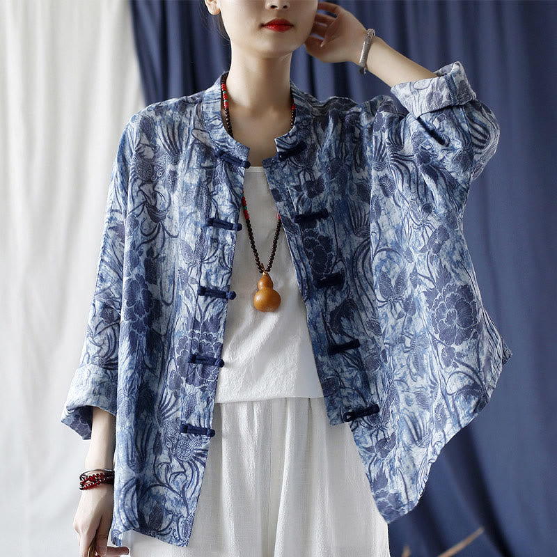 Ramie Linen Floral Stand Collar Meditation Jacket Shirt