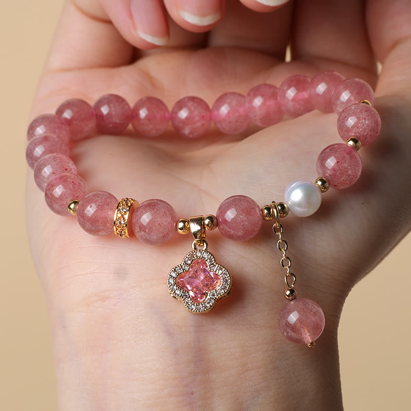 Strawberry Quartz Pearl Four Leaf Clover Charm Healing Bracelet