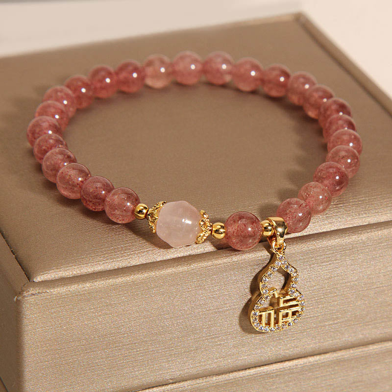 Strawberry Quartz Gourd Fu Character Charm Positive Bracelet