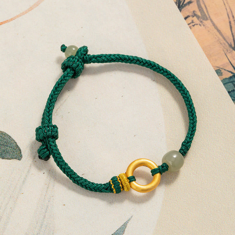 999 Sterling Silver Peace Buckle Hetian Jade Bead Luck Green Rope Braided Bracelet