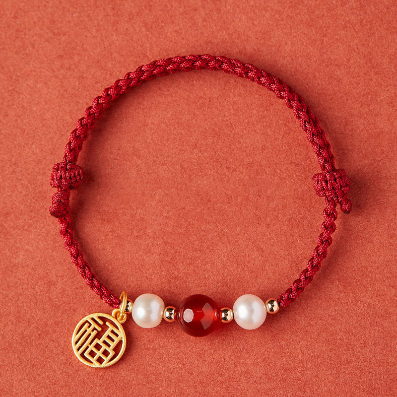 925 Sterling Silver Fu Prosperity Charm Agate Pearl Red String Braided Bracelet