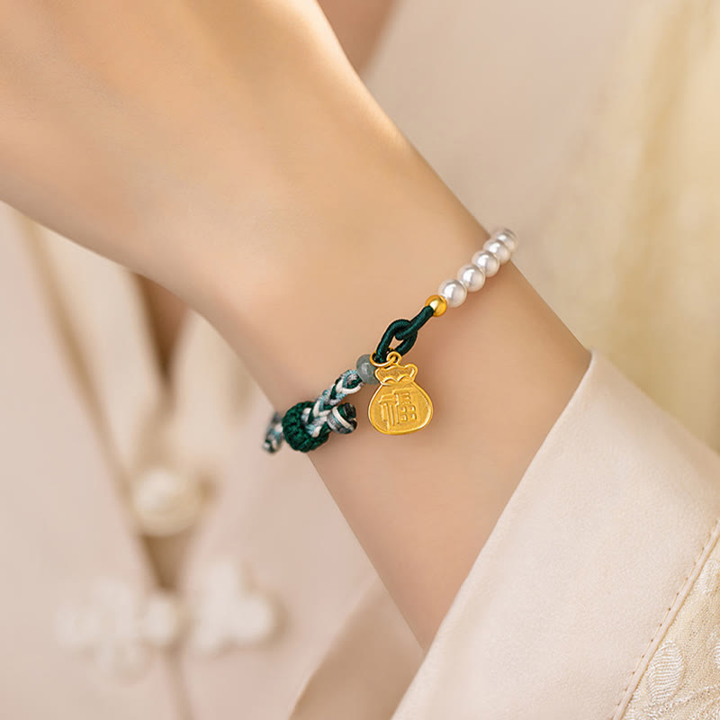 925 Sterling Silver Hetian Jade & Pearl Fu Wealth Bag Adjustable Rope Bracelet